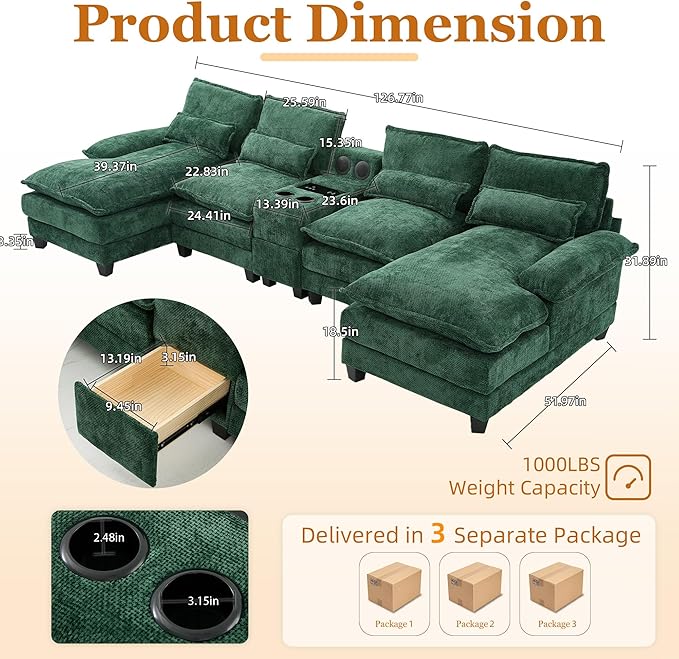 126 Modular Sectional Sofa with Storage Console Cloud Couch Chenille U-Shaped Sofa Cup Holders &amp Wireless Charger Memory Foam Double Chaise for Living Room Office Green