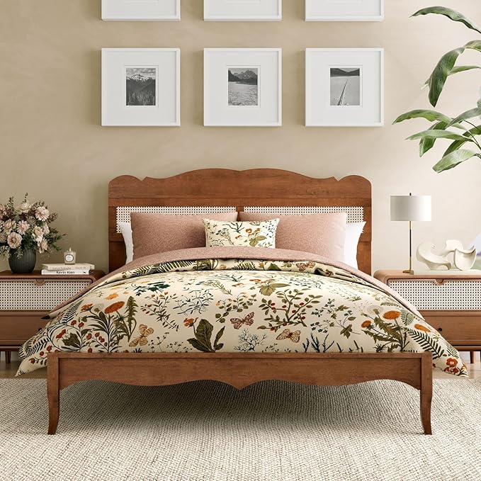 Sophia &amp William Queen Bed Frame with Adjustable Headboard Wooden Bed Frame Queen Size Solid Wood Slats Support No Box Spring NeededBrown