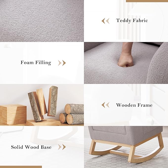 Setawix Teddy Rocking Glider Chair for NurseryUpholstered Living Room Rocker Arm ChairLeisure Sherpa Wingback ArmchairMid Century Modern Rocking Accent Chair with Side Pockets (Teddy Grey)