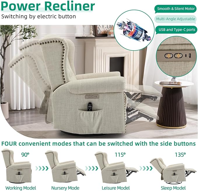 VIVIJASON Power Swivel Rocking Recliner Chair with Massage &amp Heat Electric Rocker Nursery Glider Chair Wingback Tufted Upholstered Recliner W/Type-C &amp USB Ports for Living Room Bedroom Bei