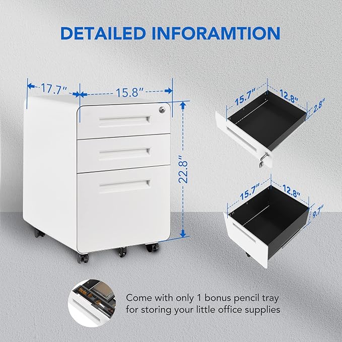 FLEXISPOT Metal File Cabinet for Under Desk Storage Mobile 3 Drawer File Cabinet Round Corner Design Filing Cabinets for Home OfficeWhite