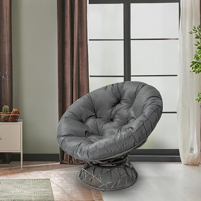 Naomi Home 40” Papasan Chair Indoor with Cushion and Frame – Round Wicker Papasan Chair with Thick Tufted Cushion Sturdy Metal Base Large Reading Chair for Bedroom &amp Living Room Dark Gray