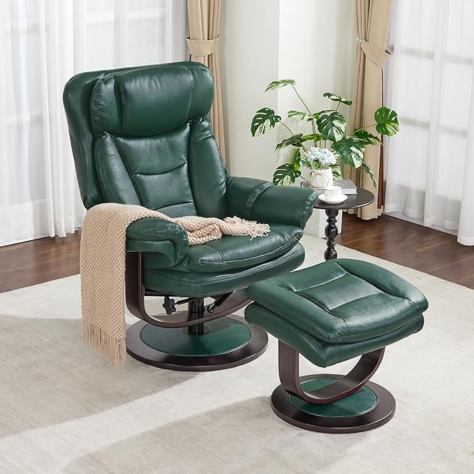 MCombo Oversized Swivel Recliner Chair with Ottoman Adjustable Backrest 360° Wood Base High Seat Faux Leather Lounge Chair for Tall Users in Living Room Bedroom or Office 4651 (Green)