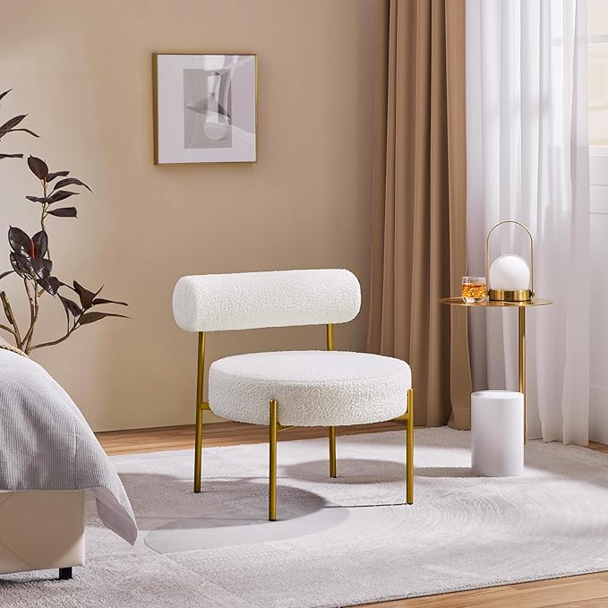 Topeakmart Modern Vanity Chair Boucle Fabric Accent Chair with Gold Metal Legs for Living Room Makeup Room White