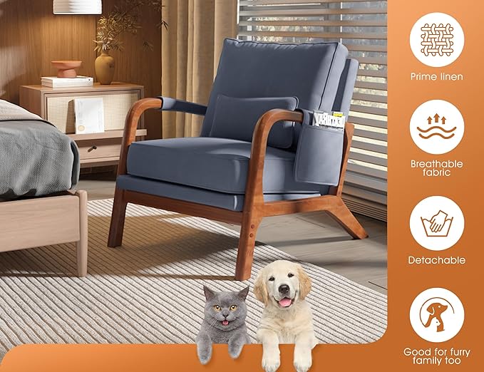 Mid Century Modern Chair Set of 2 Upholstered Lounge Arm Chair with Solid Wood Frame Comfy Accent Chair for Living Room Bedroom Reading Reception Grayish Blue