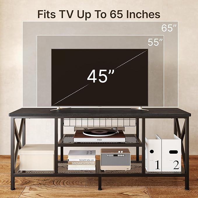 Gizoon TV Stand for 65 Inches TV 59.8'' Entertainment Center with Metal Frame TV Media Console Table with Open Storage Shelves for Living Room Bedroom Black