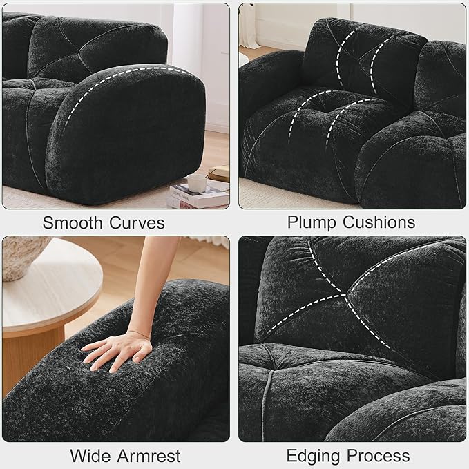 Boneless Couch Modular Sectional Sofa 3 Seater Sectional Couches for Living Room 110.6 L Shaped Cloud Couch with Ottoman Retro Velvet Floor Sofa for Bedroom No Assembly RequiredBlack