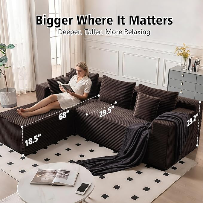 107 Boneless Modular Sectional Sofa L-Shaped Cloud Couch with Deep Seat &amp High Backrest Corduroy Couch Memory Foam Sectional Couch No Assembly Required for Living Room Apartment (Brown)