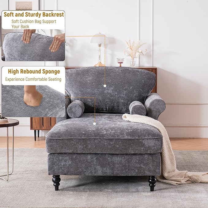 Accent Chair 59'' Modern Armchair for Living Room Upholstered High Back Lazy Sleeper Armchair Recliner for Woman Chaise Lounge Chair Indoor Single Reading Sofa Chair with Wood Legs (Dark Grey)