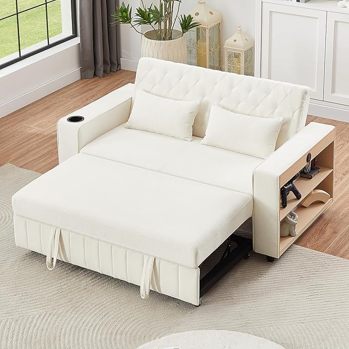 61.4 Pull-out Sofa Bed Convertible Sleeper Sofa Bed with Adjustable Backrest Cup Holders Storage Rack Handy Side Pockets Two Lumbar Pillows Modern Loveseat Sofa for Living Room (Beige/132)