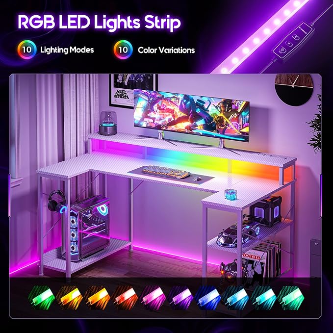 ODK 48 Inch Gaming Desk with LED Lights and Power Outlet U-Shaped Computer Desk with Monitor Stand and Storage Shelves PC Gamer Table for Home Office Carbon Fiber White