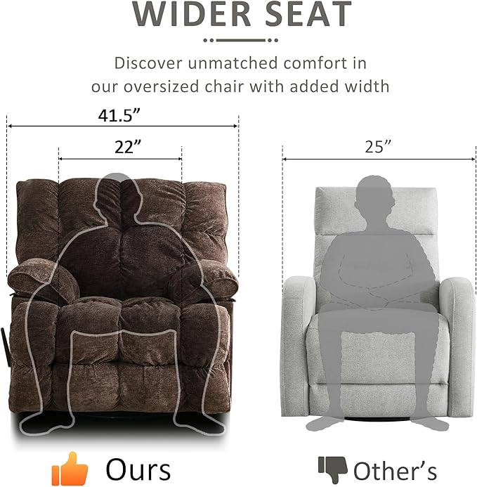 Oversized Recliner Chair Overstuffed Swivel Rocker with Extra Wide Seat &amp Breathable Fabric for Living Room (Manual Brown)