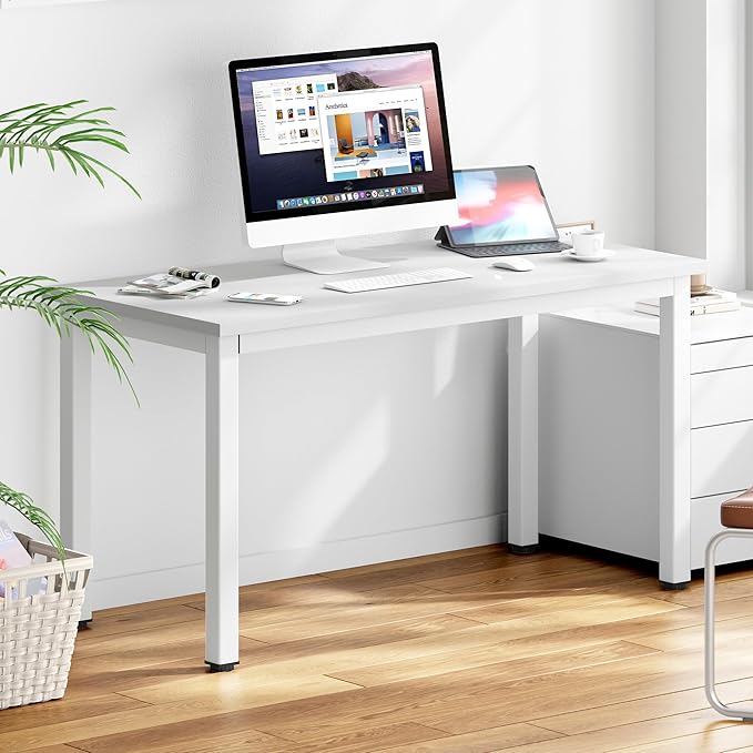 DlandHome 47 inches Medium Computer Desk Home Composite Wood Board Desk Decent and Steady Home Office School Desk/Workstation/Table BS1-120WW White and White Legs 1 Pack