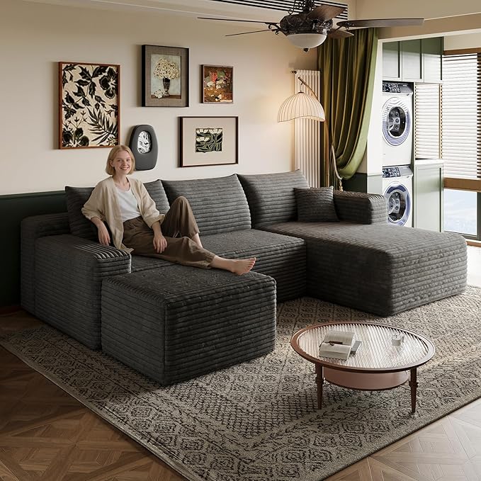 96 U-Shape Boneless Modular Sectional Cloud Couch with Chaise -Modern Comfy Corduroy couches for Living Room-Memory Foam SofaNo Assembly Required(Dark Grey96 Right Facing Chaise+Ottoman)