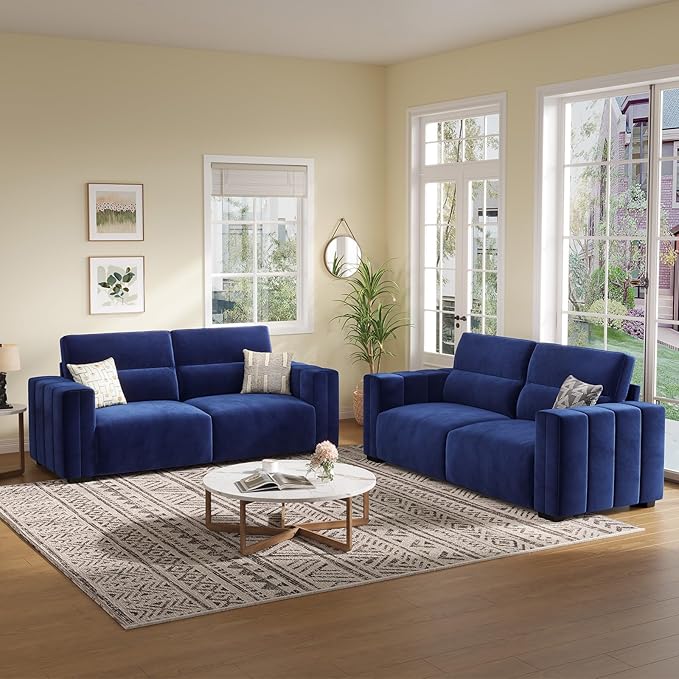 82 Inch Sofa with Extra Deep Seats Oversize Velvet Fabric 2 Seater Sofa for Living RoomModern Couch and Loveseat Comfy Armrests and Seats and Backrests Easy Installation Blue