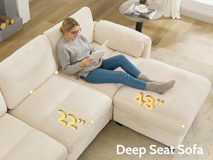 DRMBOOK 88'' U Shaped Modular Sectional Cloud Couch Comfy Corduroy 4 Seater Sofa with Curved Armrest Modern Deep Seat Modular Sofa for Living Room (Cream Beige 3 Seat+1 Corner+1 Ottoman)