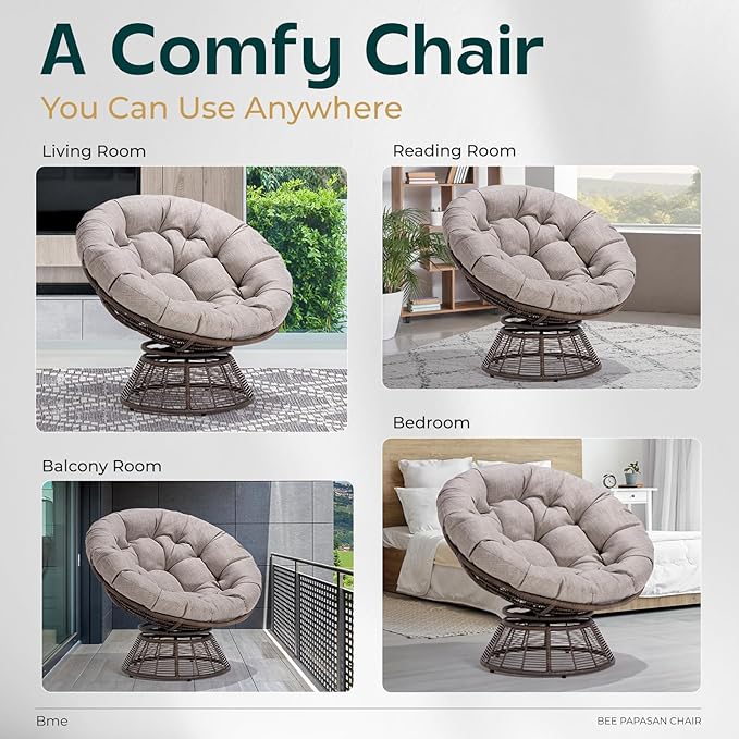 Bme 40 Ergonomic Wicker Papasan Chair with Soft Thick Density Fabric Cushion Bee-Designed Base High Capacity Steel Frame 360 Degree Swivel for Living Bedroom Reading Room...