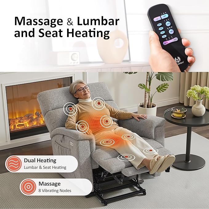 MCombo Power Lift Recliner Chair with Massage and Dual Heating Adjustable Headrest Extended Footrest for Elderly People Fabric R7605 (Mist Grey)
