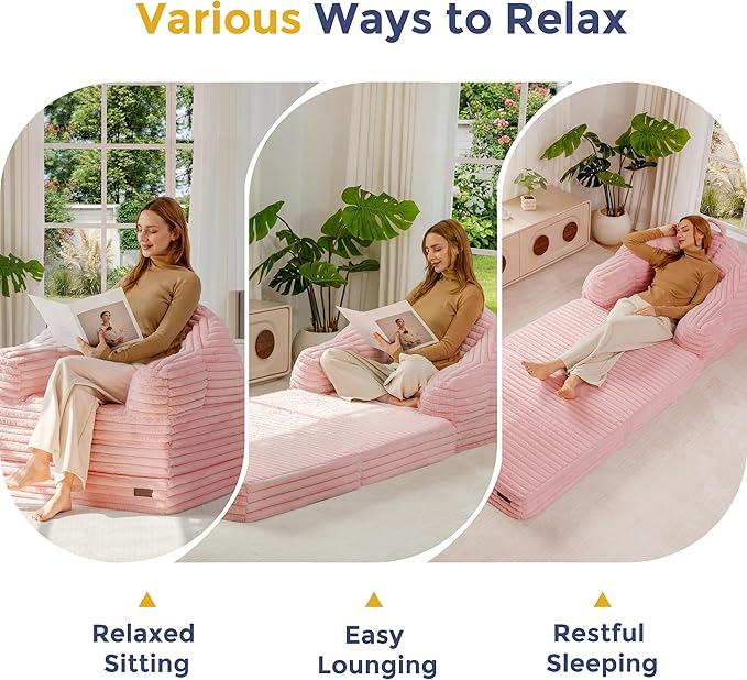 MAXYOYO Folding Sofa Bed 2 in 1 Convertible Sofa to Lounger Comfy Faux Fur Bean Bag Chair for Adults Floor Single Sleeper Couch Chair with Handle Couch Bed for Living Room Bedroom Pink