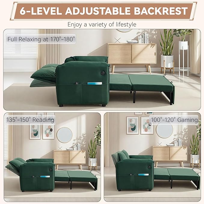 63 Velvet 3 in 1 Convertible Sleeper Sofa Bed Pull Out Couch Bed Loveseat with Adjustable Backrest Chaise Lounge USB Port &amp Side Pocket Modern Sofa for Living Room Small Spaces Green