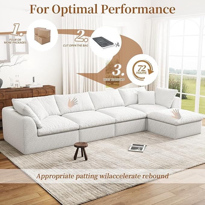 108 Modular Sectional Sofa with Movable Ottoman No Assembly Required Boneless Cloud Couch Deep Seat L Shaped Sectional Couches for Living Room Bedroom and Apartment White