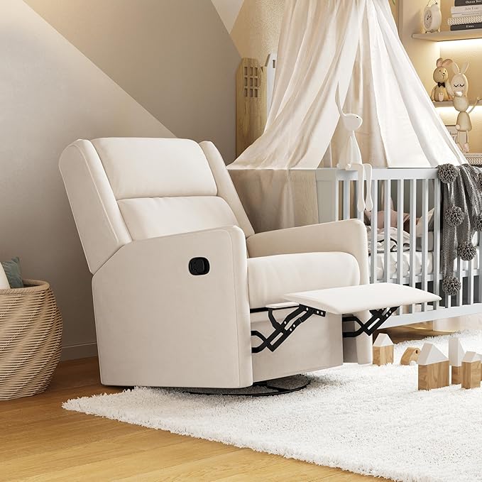 Flash Furniture Cash Swivel Glider Rocking Recliner Manual Recliner with 360 Degree Swivel for Living Room Bedroom or Nursery Fabric Upholstered Cream