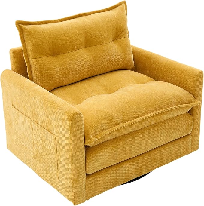 Swivel Accent Chairs for Living Room 36.2 Comfy Swivel Chair with Solid Metal Base Single Sofa with Pillows &amp Side Pockets (Mustard Yellow)