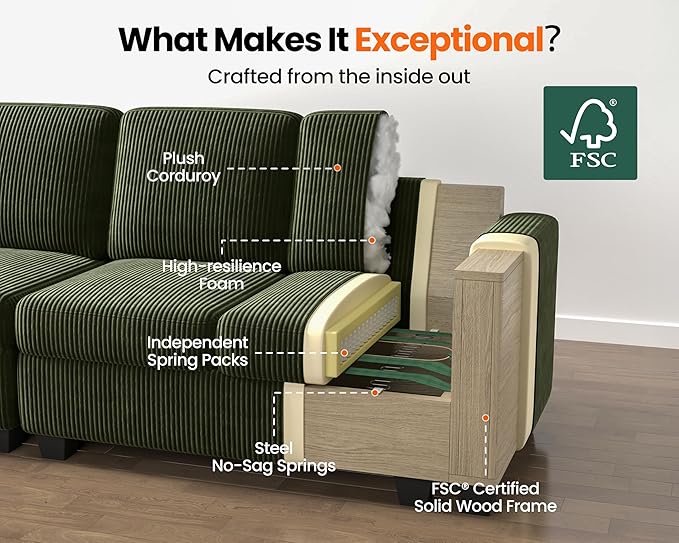 CHIC HOUSE Modular Sectional Couch| Corduroy L Shaped Sleeper Sofa U-Shape Sofa Bed Convertible Chaise with Storage Ottoman for Living Room Modern Furniture (Green 6 Seater L-Shaped)