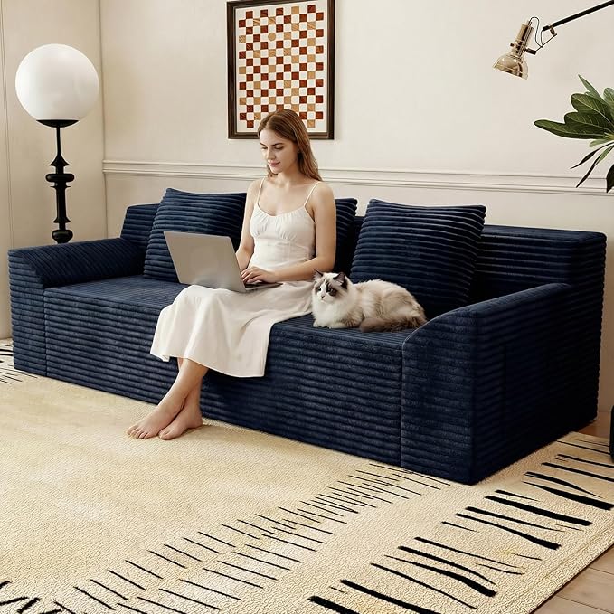 71 Love Seat Couches Corduroy Boneless Loveseat with Deep Seats 2 Seat Couch Apartment Size Couch with 3 Pillows&ampSide Pockets for Bedroom Office No Assembly Required Blue