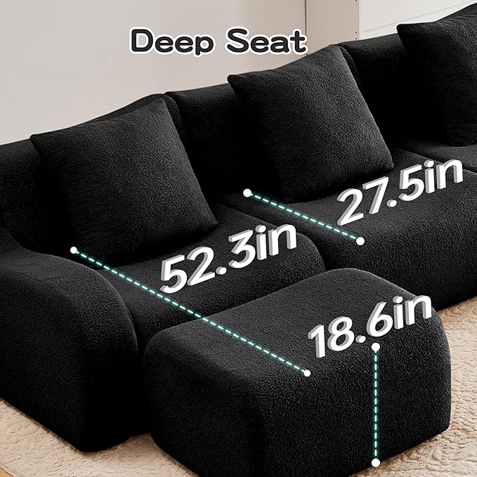 Boneless Cloud Couch Modular Sectional Sofa L Shaped Couch Teddy Fabric Loveseat Sofa Deep Seat Sectional Couches for Living Room Modern Small Couches for Small Space No Assembly Black