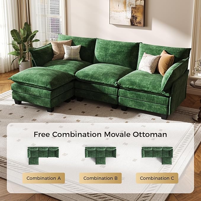 KKL 91.3 Modular Sectional Sofa L-Shaped 4 Seater Cloud Couch with Ottoman Chenille Modern Sectional Couches for Living Room Apartment Green