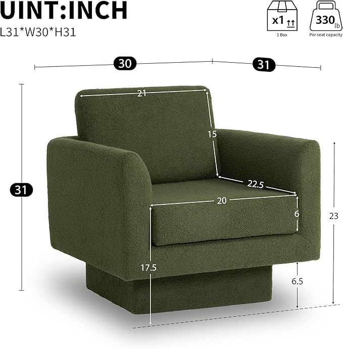 360° Swivel Modern Accent Chair 30 W Teddy Velvet Sherpa Fabric Armchair Thick Padded Upholstered Barrel Chair Comfy Lounge Sofa Reading Club Chair for Living Room Bedroom Nursery (Green)