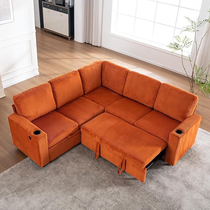 83 Modular Sectional Sleeper Sofa with Pull Out Bed Plush Corduroy L-Shaped Corner Couch with Storage USB Charger Cup Holders 5-Seater Sectional Couches for Living Room Apartment Orange