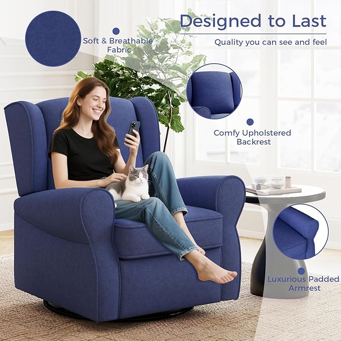 Bonzy Home Swivel Rocker Accent Chair Nursery Glider Rocking Armchair for Adults Single Sofa with Overstuffed Backrest for Living Room BedroomNurseryNavy Blue