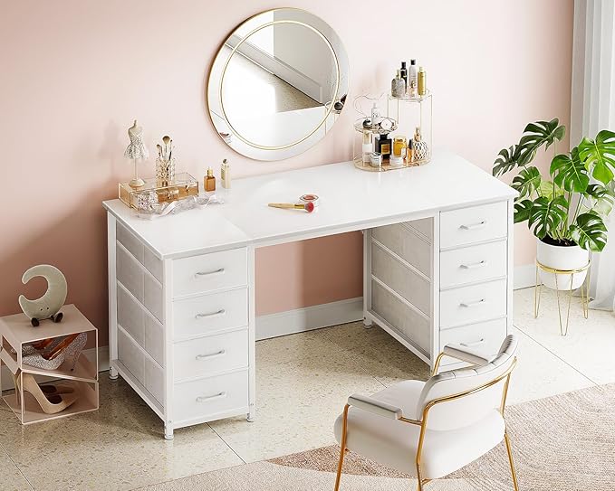 ODK 48 Inch White Computer Desk with 8 Fabric Drawers Modern Office Desk with Large Storage for Home Office Study Gaming White