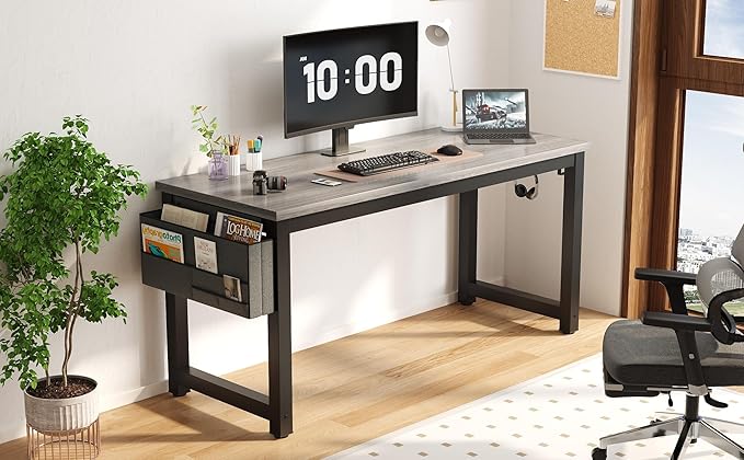 Large Computer Desk - 63 Inch Home Office Desks Study Student Writing Table Gaming Desk Wood Modern Simple Table with Storage Bag &amp Headphone Hooks Grey