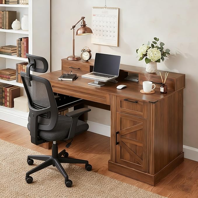 55 Farmhouse Home Office Executive Computer Desk with Drawers Charging Station and Monitor Stand Large Ergonomic Writing Gaming Desk Table with Kyboard Peg Board Storgae Cabinet(Walnut)
