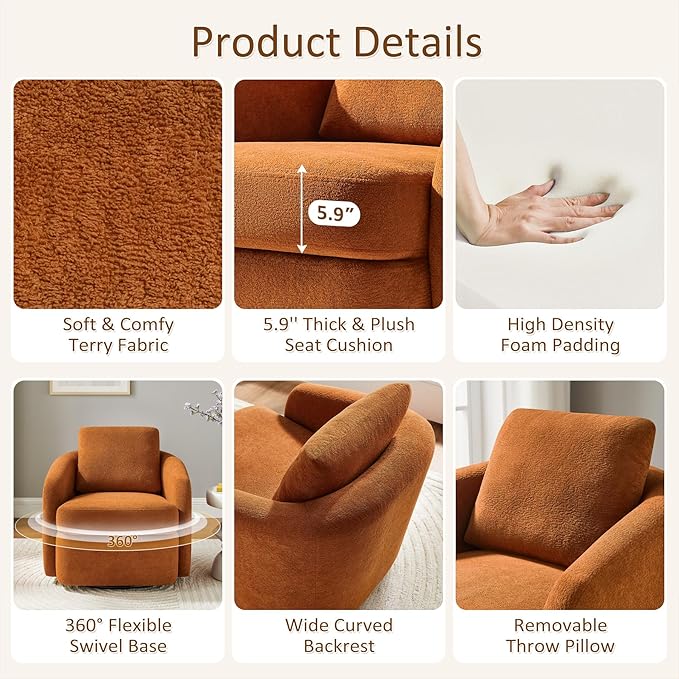 Swivel Barrel Chair Cloud 360° Upholstered Armchair with Removable Throw Pillow for Living Room Bedroom Modern Comfy Single Sofa Chairs Fully Assembled Set of 2 Curry