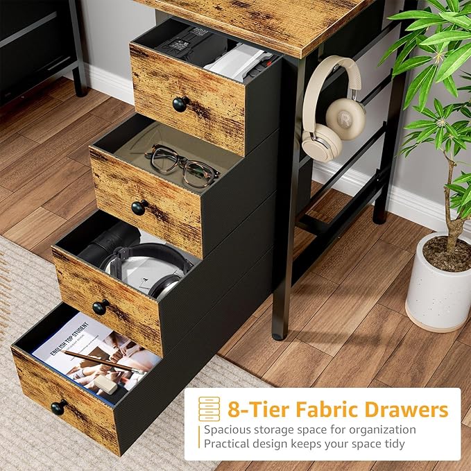 DLisiting Home Office Desk with Drawers for Storage - 55 inch Computer Desk with 8 Fabric Drawer Writing Study Work Desks with Drawers on Both Sides for Bedroom
