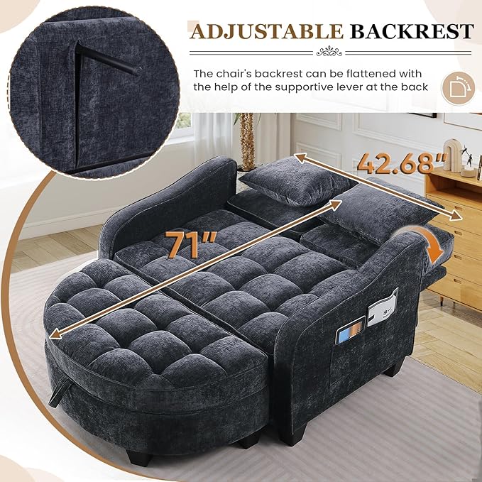 Oversized Chair and A Half Chenille Tufting Accent Cozy Reading Sofa Chair with Storage Ottoman Upholstered Loveseat Chaise Lounge Sofa with Adjustable Back for Living Room Office Sunroom Black