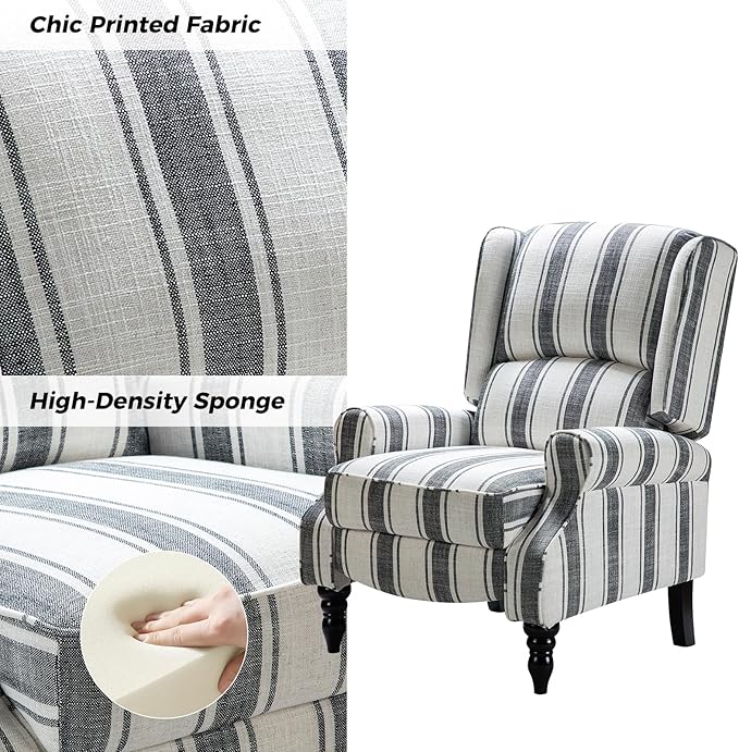 HULALA HOME Upholstered Wingback Recliner Chair Small Adjustable Footrest Push Back Single Reclining Sofa Mid Century Modern Lounge Armchair for Living Room Bedroom Reading/Stripe Black