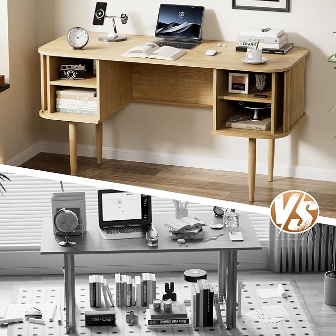 55 Modern Writing Desk with Sliding Doors Wood Home Office Desk with Storage Computer Desk for Study Living Room Dorm Natural