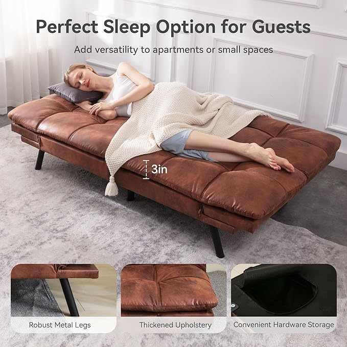 Convertible Futon Sofa Bed71 Modern Premium Faux Leather Futon Couch with Adjustable Backrest&ampArmrestSmall Loveseat Sleeper SofaDorm Futonsofa for ApartmentLiving RoomWhisky Brown