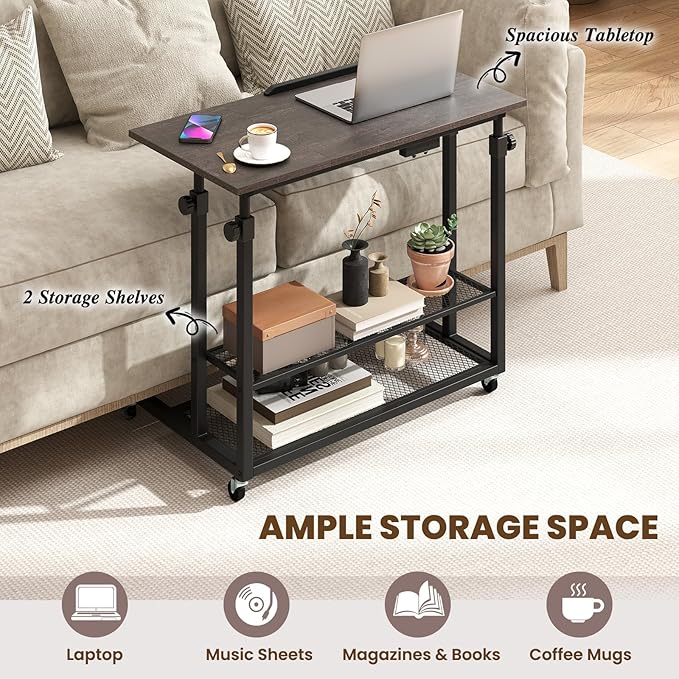 Giantex Mobile Standing Desk Adjustable Rolling Computer Desk w/Tilting Desktop &amp Storage Shelves PC Laptop Table Small Compact Desk on Wheels for Small Space Living Room &amp Bedroom (Black