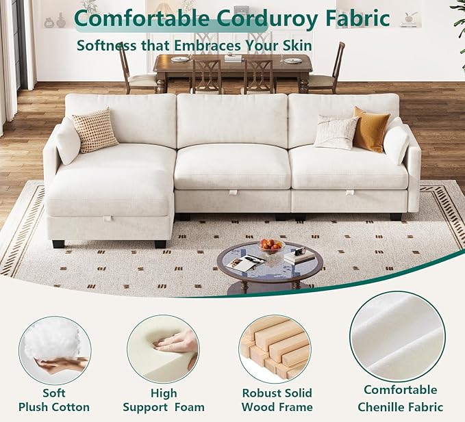 Modular Sectional U Shaped Sofa Couches for Living Room Cloud Couch with Storage Ottoman Comfy Chenille Sofa with Pillow Beige