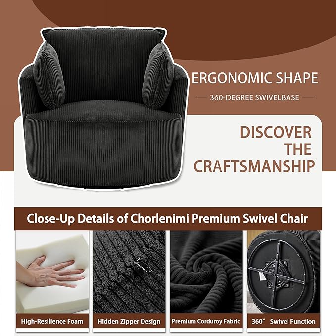 Swivel Accent Chair Comfy Reading Chairs for Bedroom Modern Corduroy Armchair 360°Swivel Barrel Chairs for Living RoomApartment (Black Chair Without Ottoman)