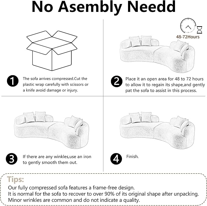 106”Curved Sectional Sofa Cloud Sectional Couch with Deep Seat and 4 Throw Pillows Plush Teddy Fabric Suitable Living Room Bedroom Cloud Couch No Assembly Needed Grey