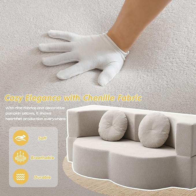 Folding Futon Sofa Bed Modern Convertible Fold Out Chenille Cloud Memory Foam Boneless Floor Lounge Loveseat Sleeper Mattress Sofa Couch with 2 Pillows for Guest Room Living Room Office Beige