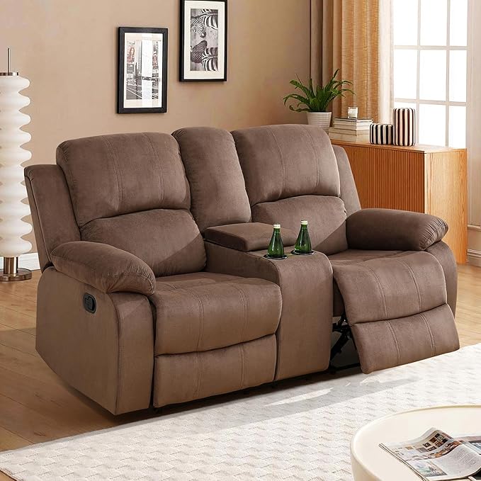 Manual Recliner Loveseat Sofa Reclining Couch with Cup Holders2 Seats Loveseat with Storage Console for Living Room/Office/Lounge/Club/Rv Car（Brown Velvet2 Seater Loveseat）