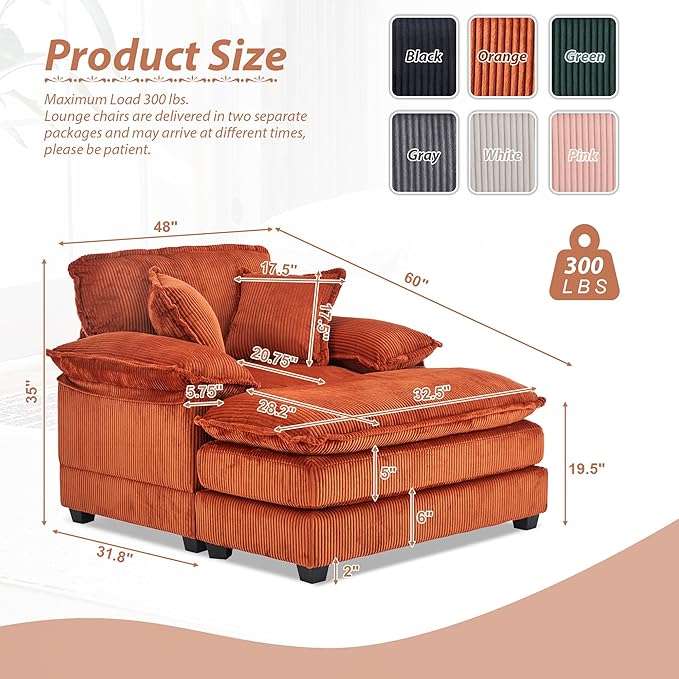 TTK Oversized Chaise Lounge Chair with Ottoman - 39.17 Wide Modern Sleeper Sofa for Living Room Bedroom &amp Office - Deep Seat Sectional Couch with Pillow Comfortable Reading ChairOrange